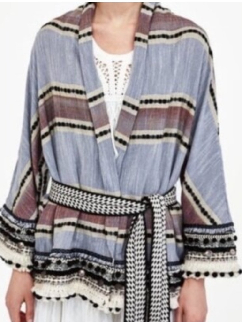 Zara Woman Striped Kimono Cardigan in Blue, Cream & Black